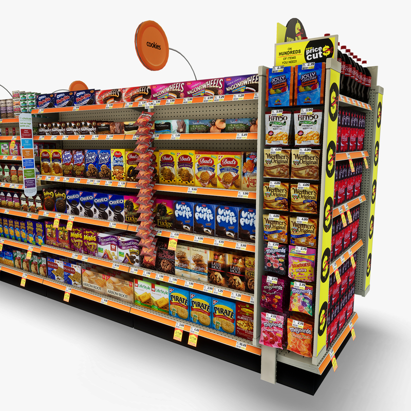 3D Model of Split drug store aisle featuring Pet & Snack products - 3D Render 14