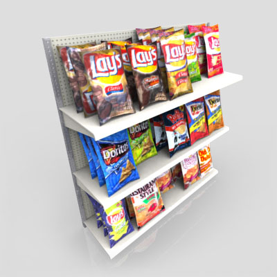 3D Model of Gas station / convenience store shelves stocked with chips, cookies, soup, cereal, etc. - 3D Render 1