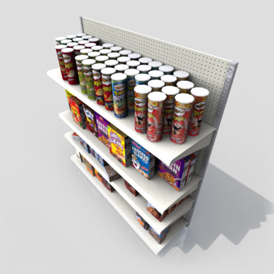 3D Model of Gas station / convenience store shelves stocked with chips, cookies, soup, cereal, etc. - 3D Render 2