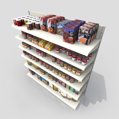 3D Model of Gas station / convenience store shelves stocked with chips, cookies, soup, cereal, etc. - 3D Render 3