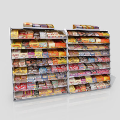 3D Model of Gas station / convenience store confectionery shelves stocked with chocolate bar - 3D Render 1