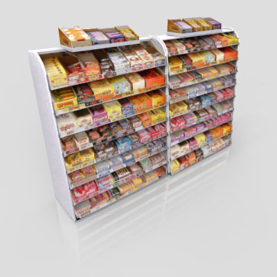 3D Model of Gas station / convenience store confectionery shelves stocked with chocolate bar - 3D Render 2
