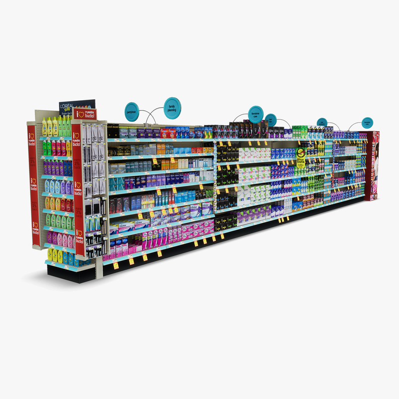 3D Model of Drug store aisle featuring Hair & Hygiene products and Rimmel end-cap - 3D Render 4