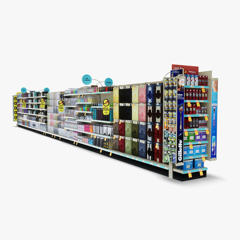 3D Model of Drug store aisle featuring Bath & Deodorant products and custom Gillette Razor, Venus Razor, & EOS Lip Balm side cap signs. - 3D Render 1