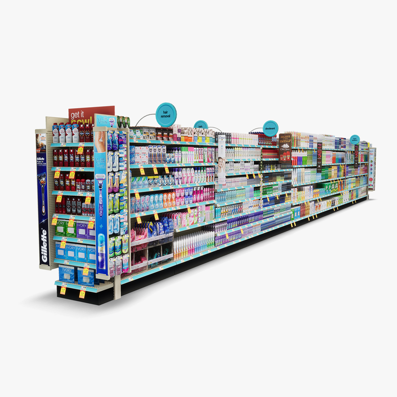 3D Model of Drug store aisle featuring Bath & Deodorant products and custom Gillette Razor, Venus Razor, & EOS Lip Balm side cap signs. - 3D Render 2
