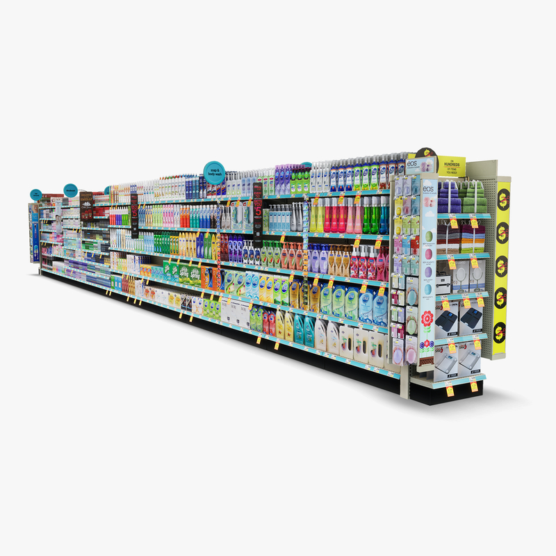 3D Model of Drug store aisle featuring Bath & Deodorant products and custom Gillette Razor, Venus Razor, & EOS Lip Balm side cap signs. - 3D Render 3