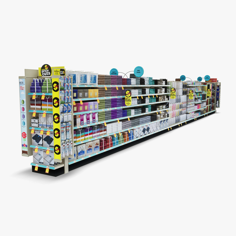 3D Model of Drug store aisle featuring Bath & Deodorant products and custom Gillette Razor, Venus Razor, & EOS Lip Balm side cap signs. - 3D Render 4