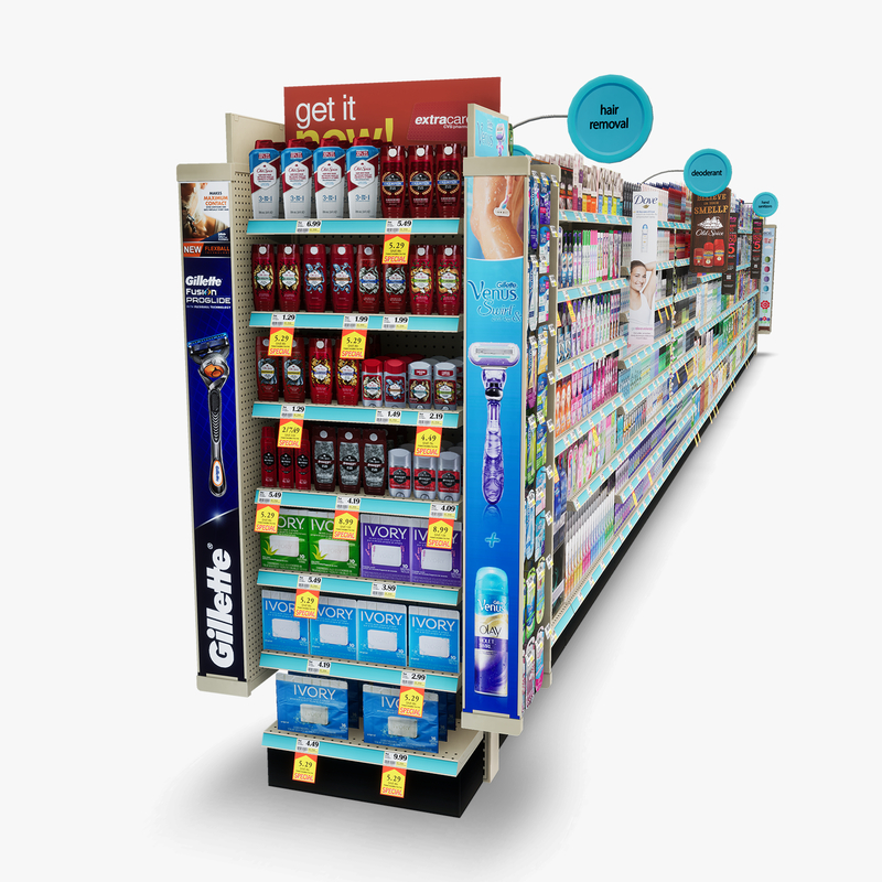 3D Model of Drug store aisle featuring Bath & Deodorant products and custom Gillette Razor, Venus Razor, & EOS Lip Balm side cap signs. - 3D Render 5