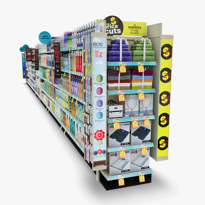 3D Model of Drug store aisle featuring Bath & Deodorant products and custom Gillette Razor, Venus Razor, & EOS Lip Balm side cap signs. - 3D Render 6