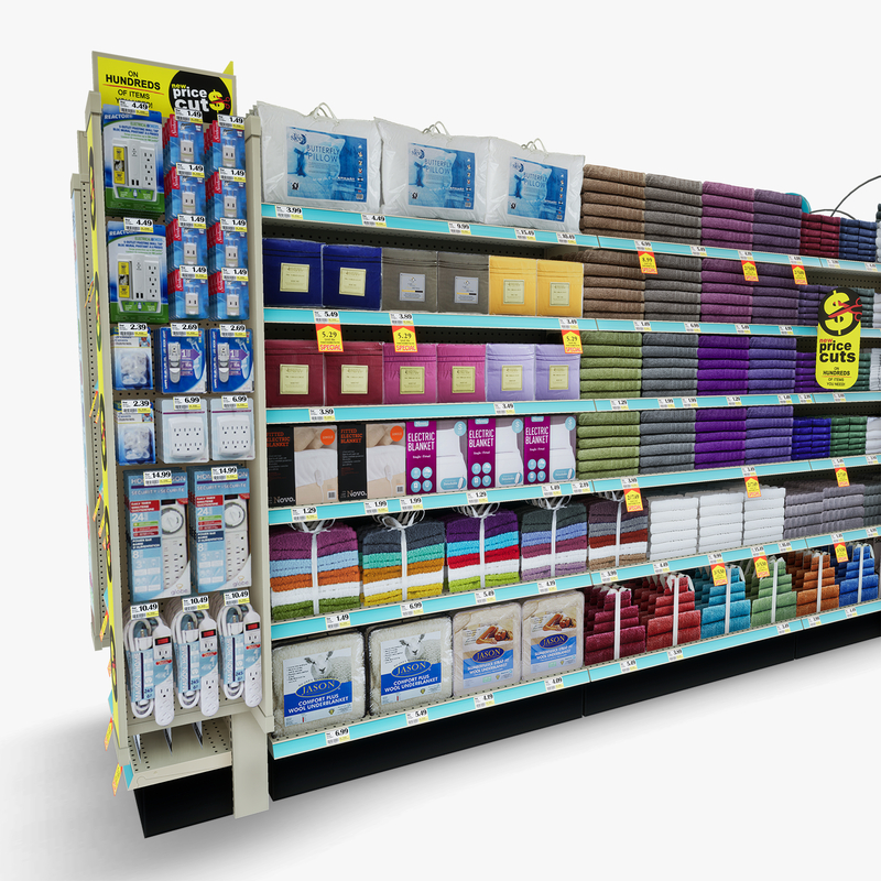 3D Model of Drug store aisle featuring Bath & Deodorant products and custom Gillette Razor, Venus Razor, & EOS Lip Balm side cap signs. - 3D Render 7