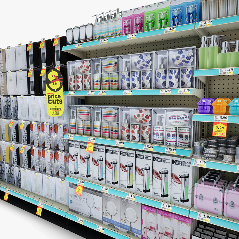 3D Model of Drug store aisle featuring Bath & Deodorant products and custom Gillette Razor, Venus Razor, & EOS Lip Balm side cap signs. - 3D Render 8