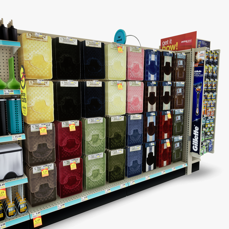 3D Model of Drug store aisle featuring Bath & Deodorant products and custom Gillette Razor, Venus Razor, & EOS Lip Balm side cap signs. - 3D Render 9