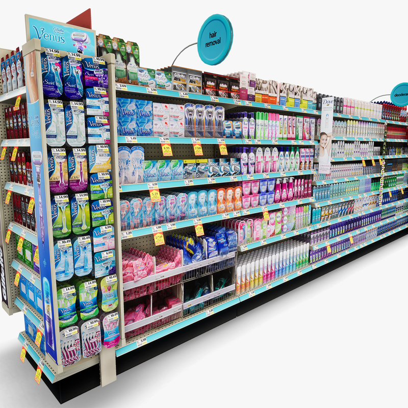 3D Model of Drug store aisle featuring Bath & Deodorant products and custom Gillette Razor, Venus Razor, & EOS Lip Balm side cap signs. - 3D Render 10
