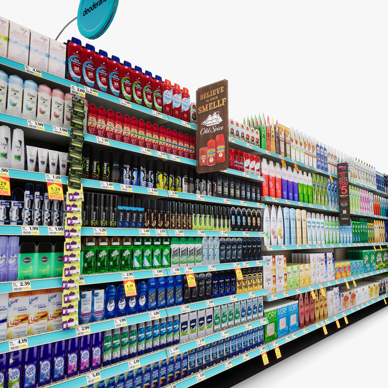 3D Model of Drug store aisle featuring Bath & Deodorant products and custom Gillette Razor, Venus Razor, & EOS Lip Balm side cap signs. - 3D Render 11