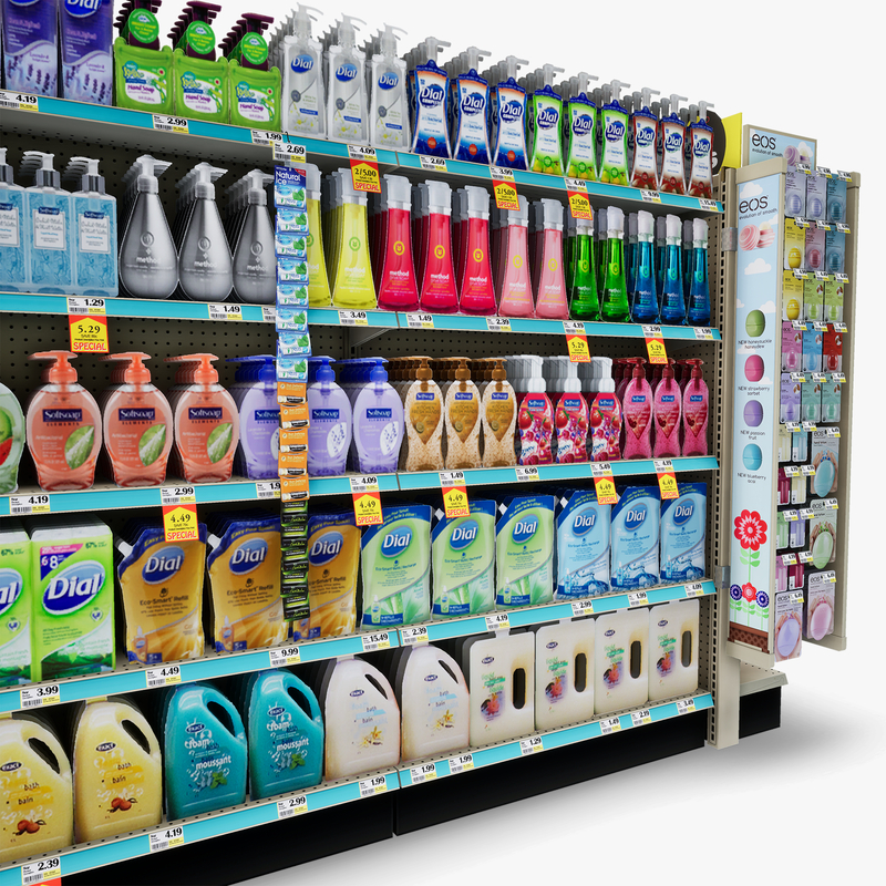 3D Model of Drug store aisle featuring Bath & Deodorant products and custom Gillette Razor, Venus Razor, & EOS Lip Balm side cap signs. - 3D Render 12