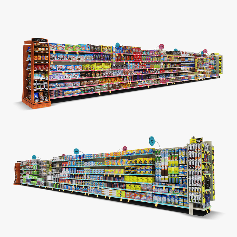 3D Model of Drug store aisle featuring Kitchen & Candy products and Premium Chocolates end-cap - 3D Render 0