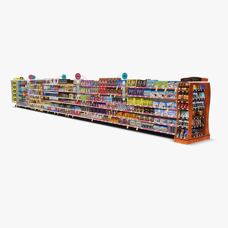 3D Model of Drug store aisle featuring Kitchen & Candy products and Premium Chocolates end-cap - 3D Render 1