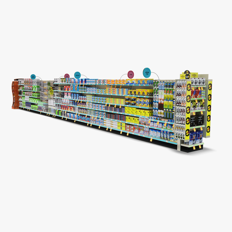 3D Model of Drug store aisle featuring Kitchen & Candy products and Premium Chocolates end-cap - 3D Render 3