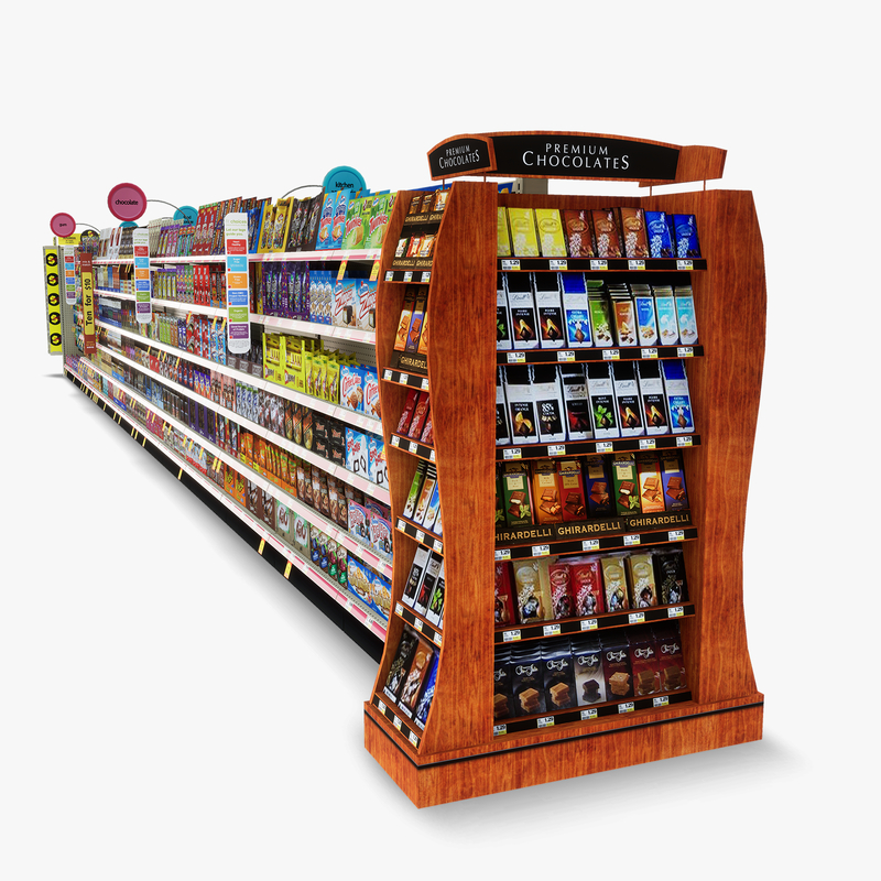 3D Model of Drug store aisle featuring Kitchen & Candy products and Premium Chocolates end-cap - 3D Render 5