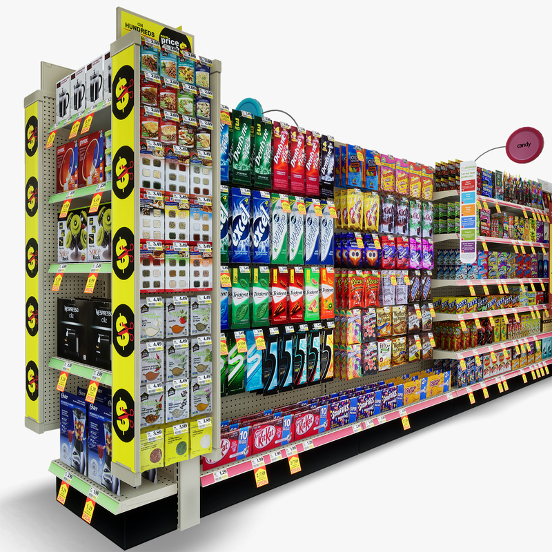 3D Model of Drug store aisle featuring Kitchen & Candy products and Premium Chocolates end-cap - 3D Render 7