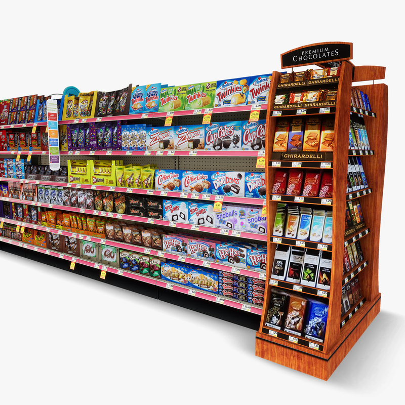 3D Model of Drug store aisle featuring Kitchen & Candy products and Premium Chocolates end-cap - 3D Render 9