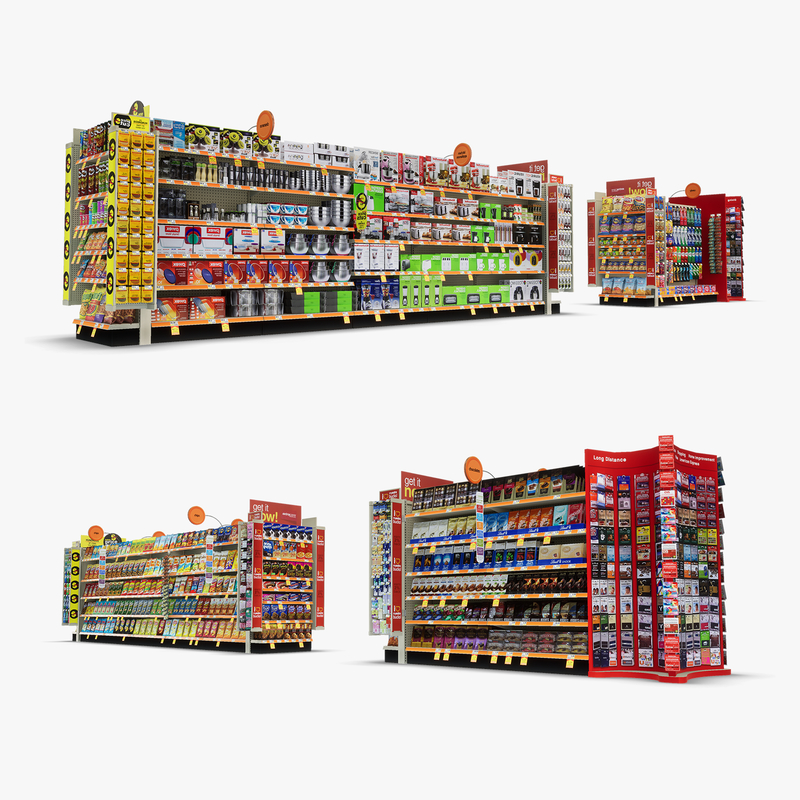 3D Model of Split drug store aisle featuring Snack & Kitchen products and Gift Card end-cap - 3D Render 0