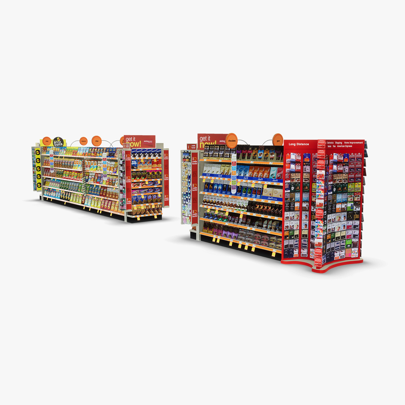 3D Model of Split drug store aisle featuring Snack & Kitchen products and Gift Card end-cap - 3D Render 1