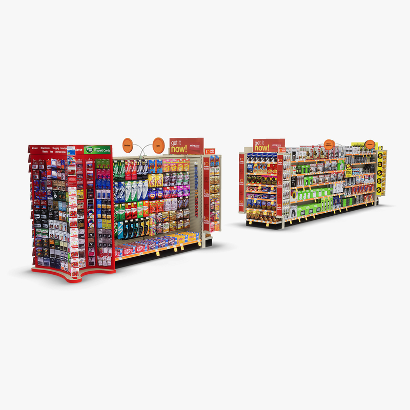 3D Model of Split drug store aisle featuring Snack & Kitchen products and Gift Card end-cap - 3D Render 2