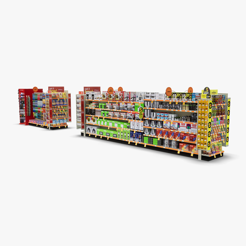 3D Model of Split drug store aisle featuring Snack & Kitchen products and Gift Card end-cap - 3D Render 3