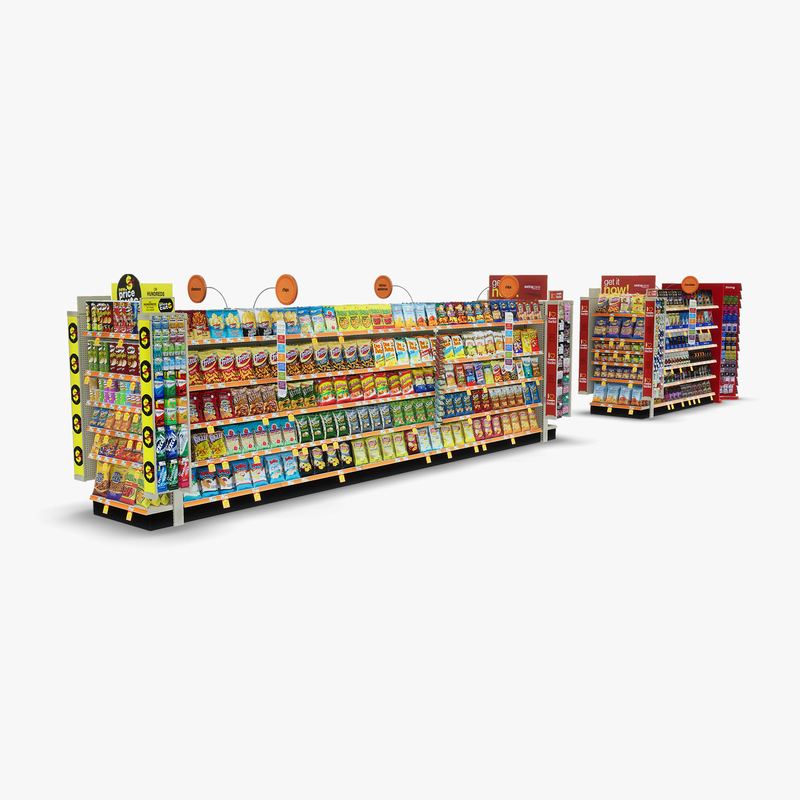 3D Model of Split drug store aisle featuring Snack & Kitchen products and Gift Card end-cap - 3D Render 4