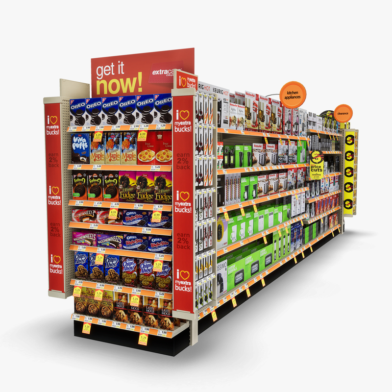 3D Model of Split drug store aisle featuring Snack & Kitchen products and Gift Card end-cap - 3D Render 6