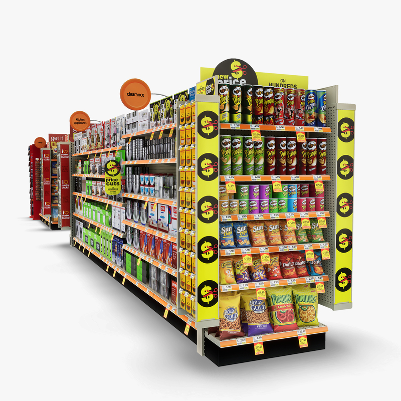 3D Model of Split drug store aisle featuring Snack & Kitchen products and Gift Card end-cap - 3D Render 7