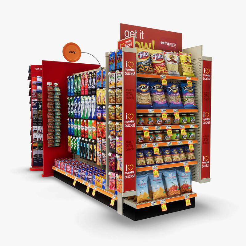 3D Model of Split drug store aisle featuring Snack & Kitchen products and Gift Card end-cap - 3D Render 8