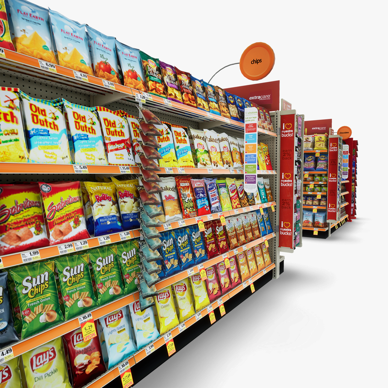 3D Model of Split drug store aisle featuring Snack & Kitchen products and Gift Card end-cap - 3D Render 10
