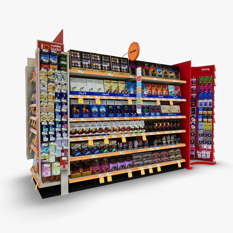 3D Model of Split drug store aisle featuring Snack & Kitchen products and Gift Card end-cap - 3D Render 11