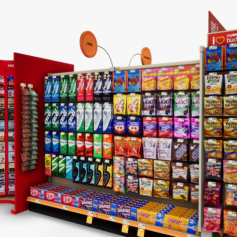 3D Model of Split drug store aisle featuring Snack & Kitchen products and Gift Card end-cap - 3D Render 12