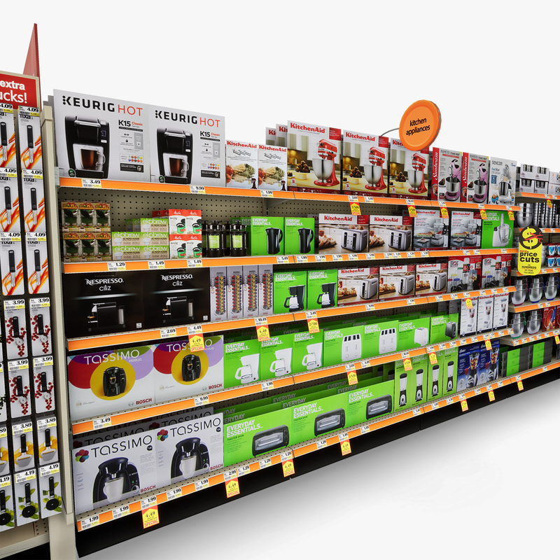 3D Model of Split drug store aisle featuring Snack & Kitchen products and Gift Card end-cap - 3D Render 13