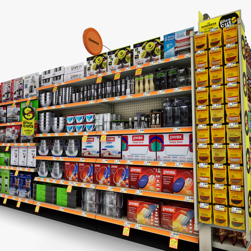 3D Model of Split drug store aisle featuring Snack & Kitchen products and Gift Card end-cap - 3D Render 14