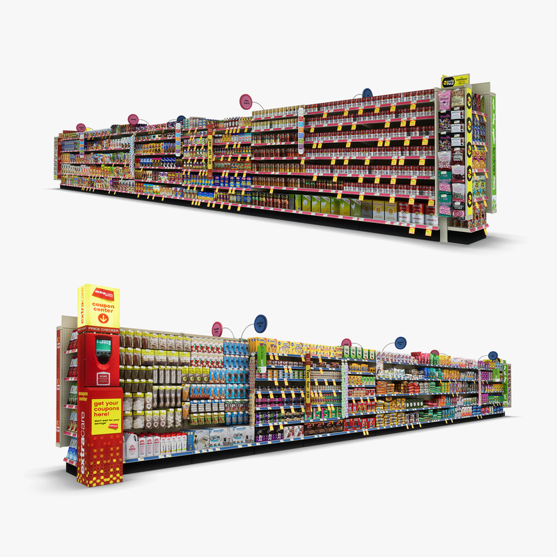 3D Model of Drug store aisle featuring Food & Pet products and Extracare Coupon Scanner side-cap - 3D Render 0