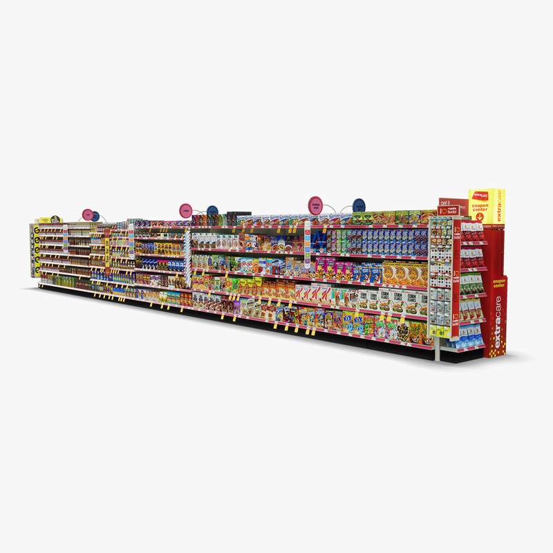 3D Model of Drug store aisle featuring Food & Pet products and Extracare Coupon Scanner side-cap - 3D Render 1