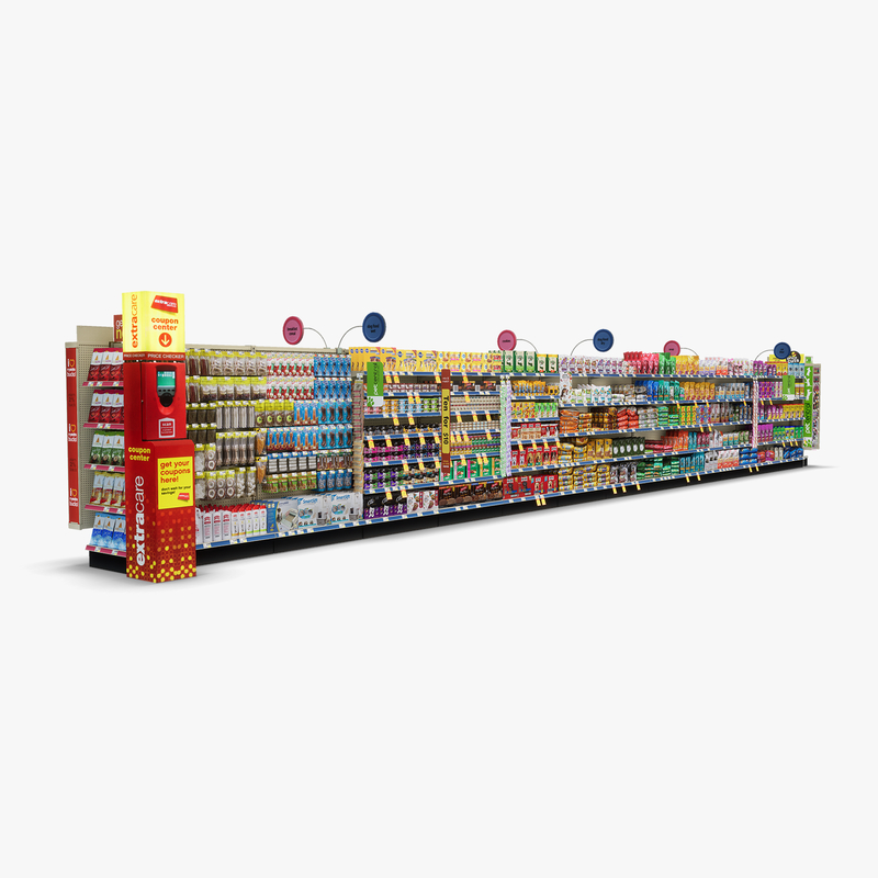 3D Model of Drug store aisle featuring Food & Pet products and Extracare Coupon Scanner side-cap - 3D Render 2