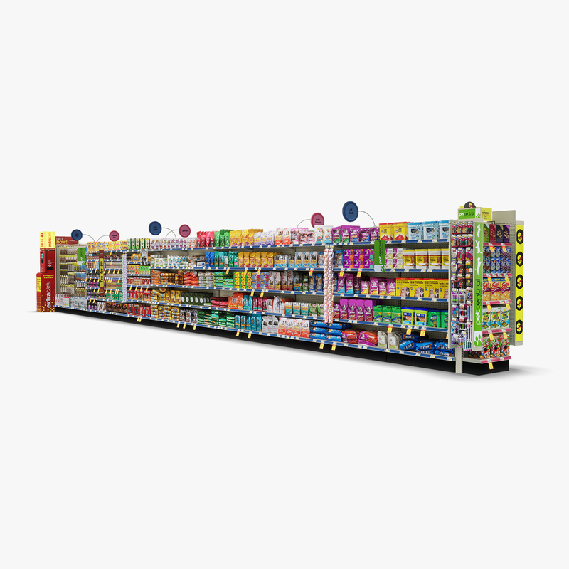 3D Model of Drug store aisle featuring Food & Pet products and Extracare Coupon Scanner side-cap - 3D Render 3