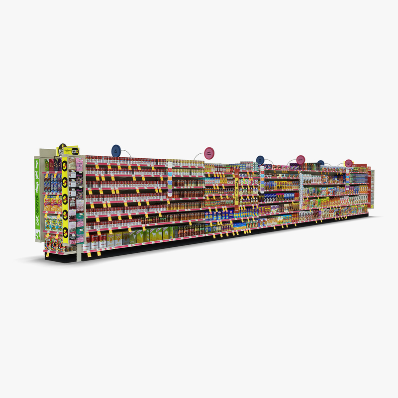 3D Model of Drug store aisle featuring Food & Pet products and Extracare Coupon Scanner side-cap - 3D Render 4
