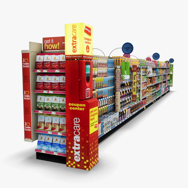 3D Model of Drug store aisle featuring Food & Pet products and Extracare Coupon Scanner side-cap - 3D Render 5