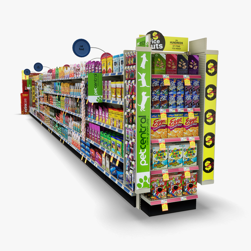 3D Model of Drug store aisle featuring Food & Pet products and Extracare Coupon Scanner side-cap - 3D Render 6