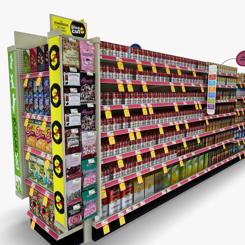 3D Model of Drug store aisle featuring Food & Pet products and Extracare Coupon Scanner side-cap - 3D Render 7