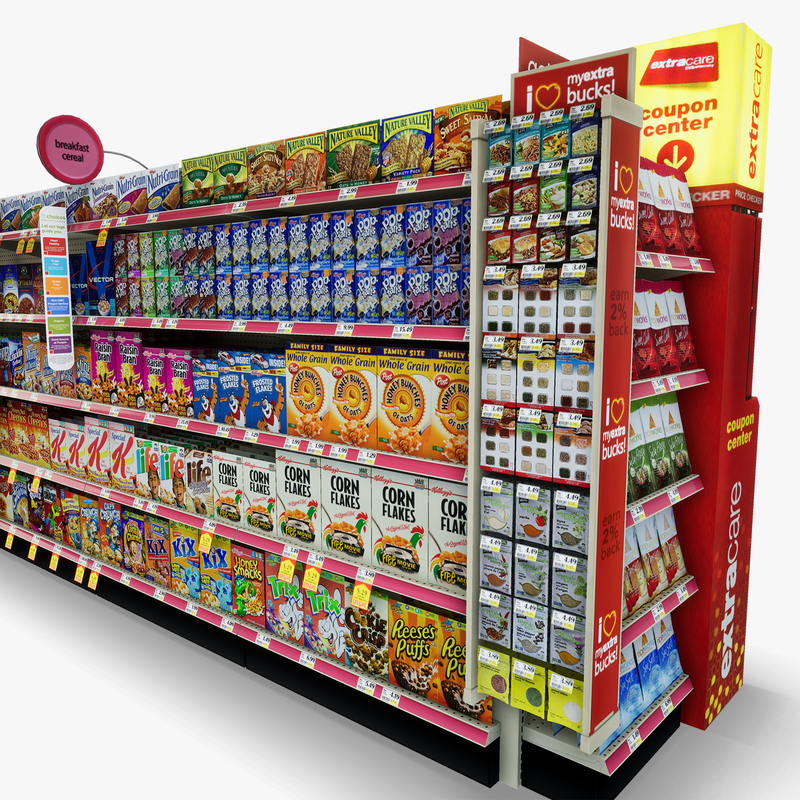 3D Model of Drug store aisle featuring Food & Pet products and Extracare Coupon Scanner side-cap - 3D Render 9