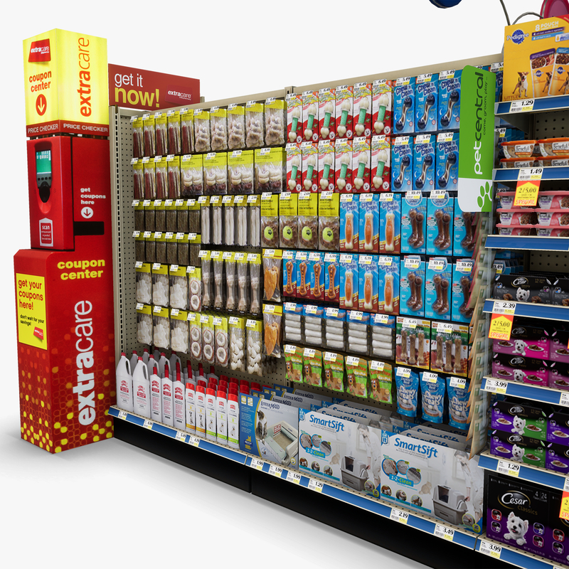 3D Model of Drug store aisle featuring Food & Pet products and Extracare Coupon Scanner side-cap - 3D Render 10