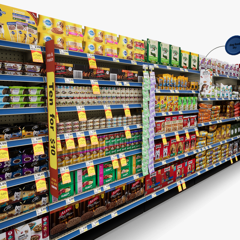 3D Model of Drug store aisle featuring Food & Pet products and Extracare Coupon Scanner side-cap - 3D Render 11