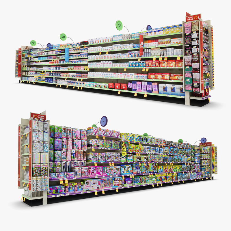 3D Model of Drug store aisle featuring First Aid & Toy products - 3D Render 0